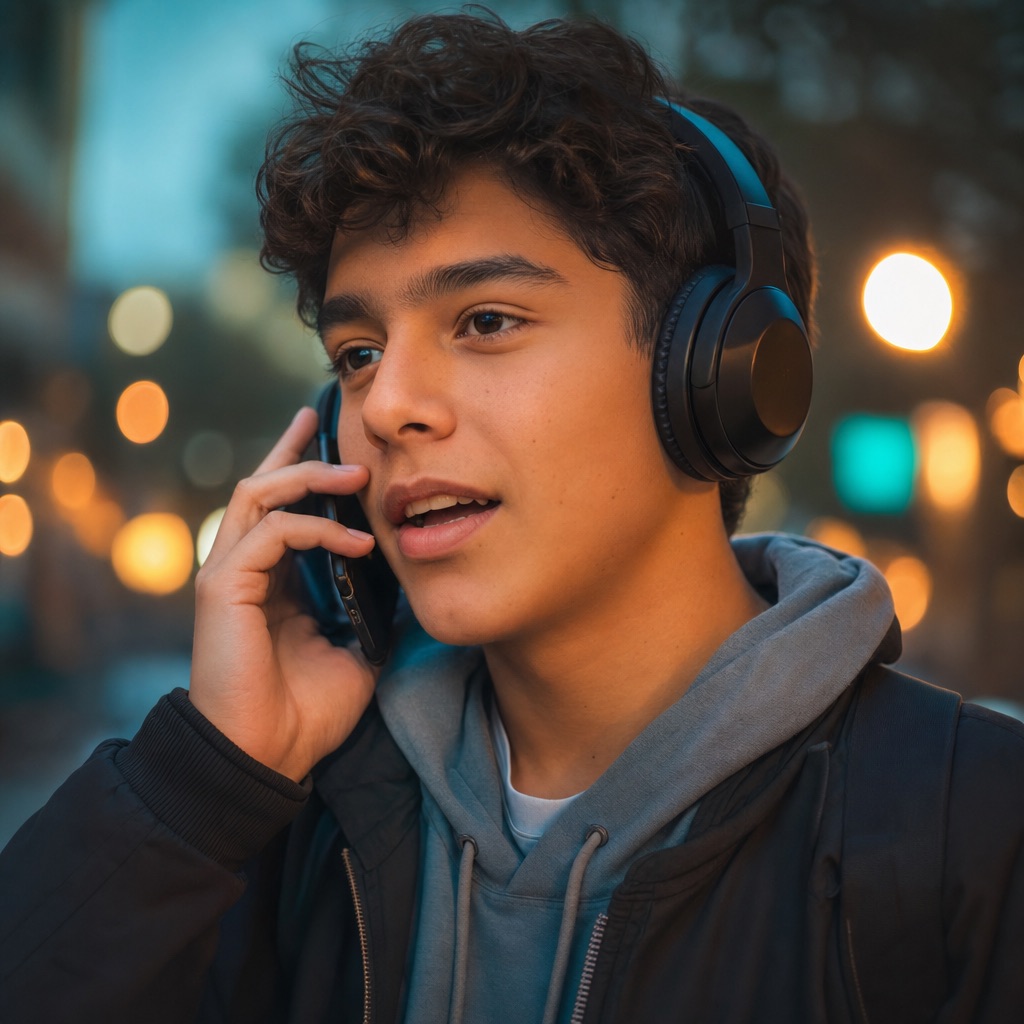 Un chico con audífonos habla con seguridad a su teléfono como en una conversación real