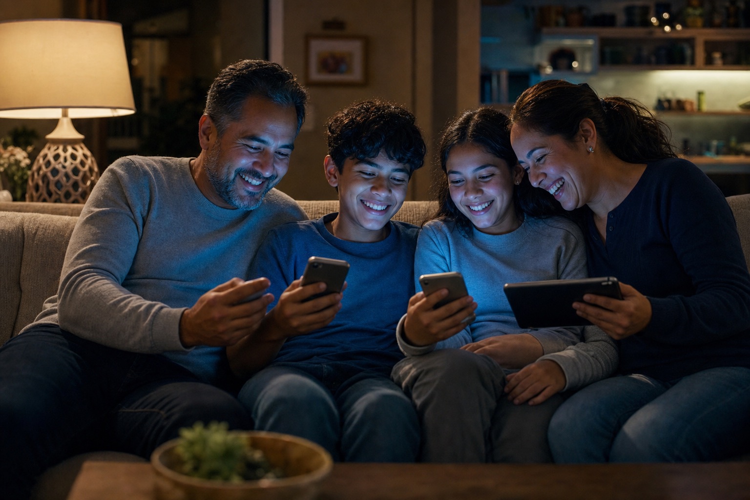 Una familia en el sofá compara su progreso en sus teléfonos entre risas