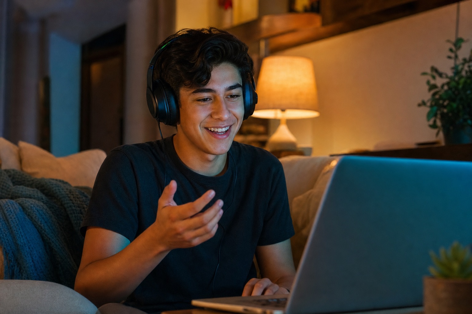 Un estudiante practica una conversación en inglés con audífonos, sonriendo frente a su laptop