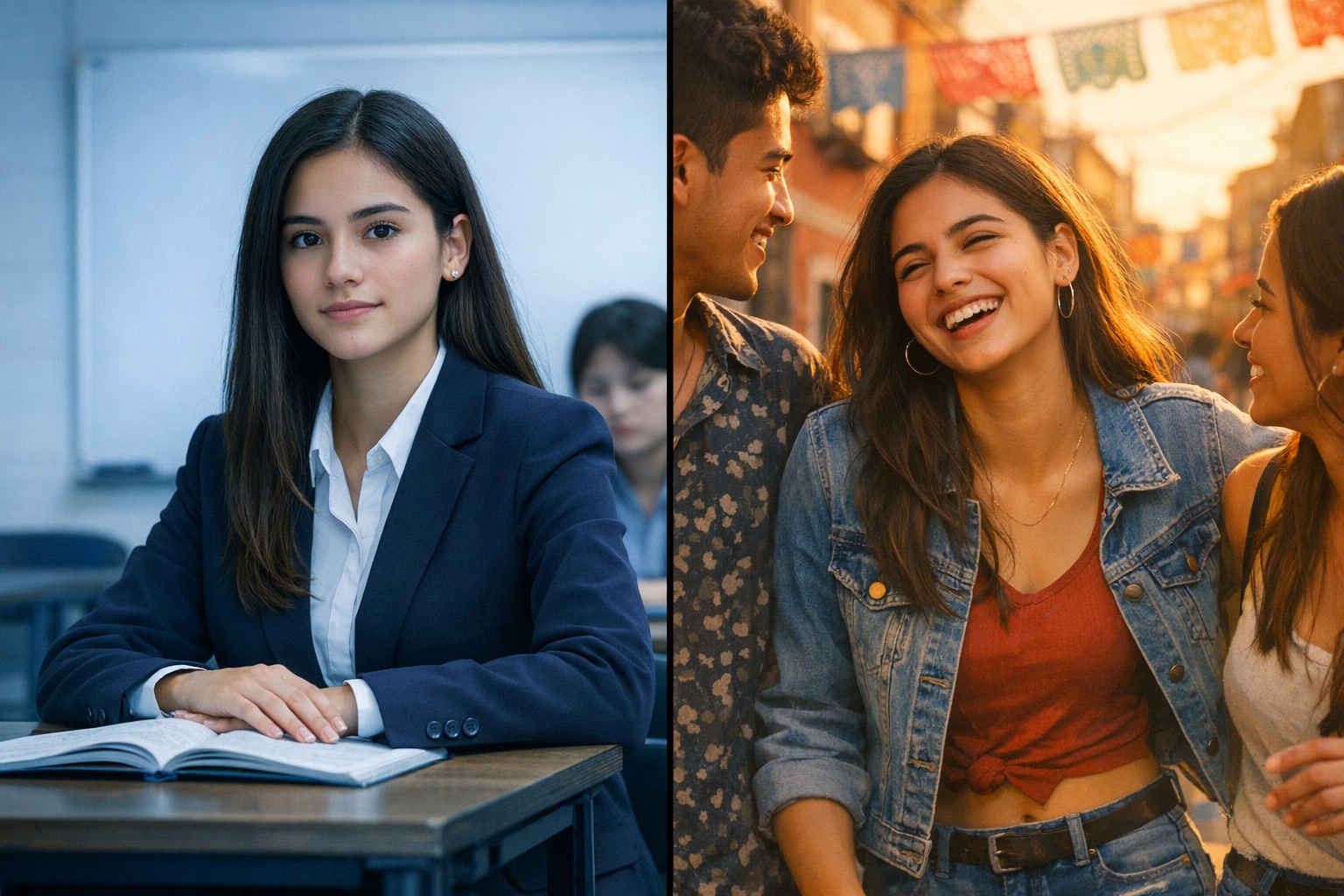 La misma estudiante en dos escenas: presentando formal en clase y riendo casual con amigos en la calle