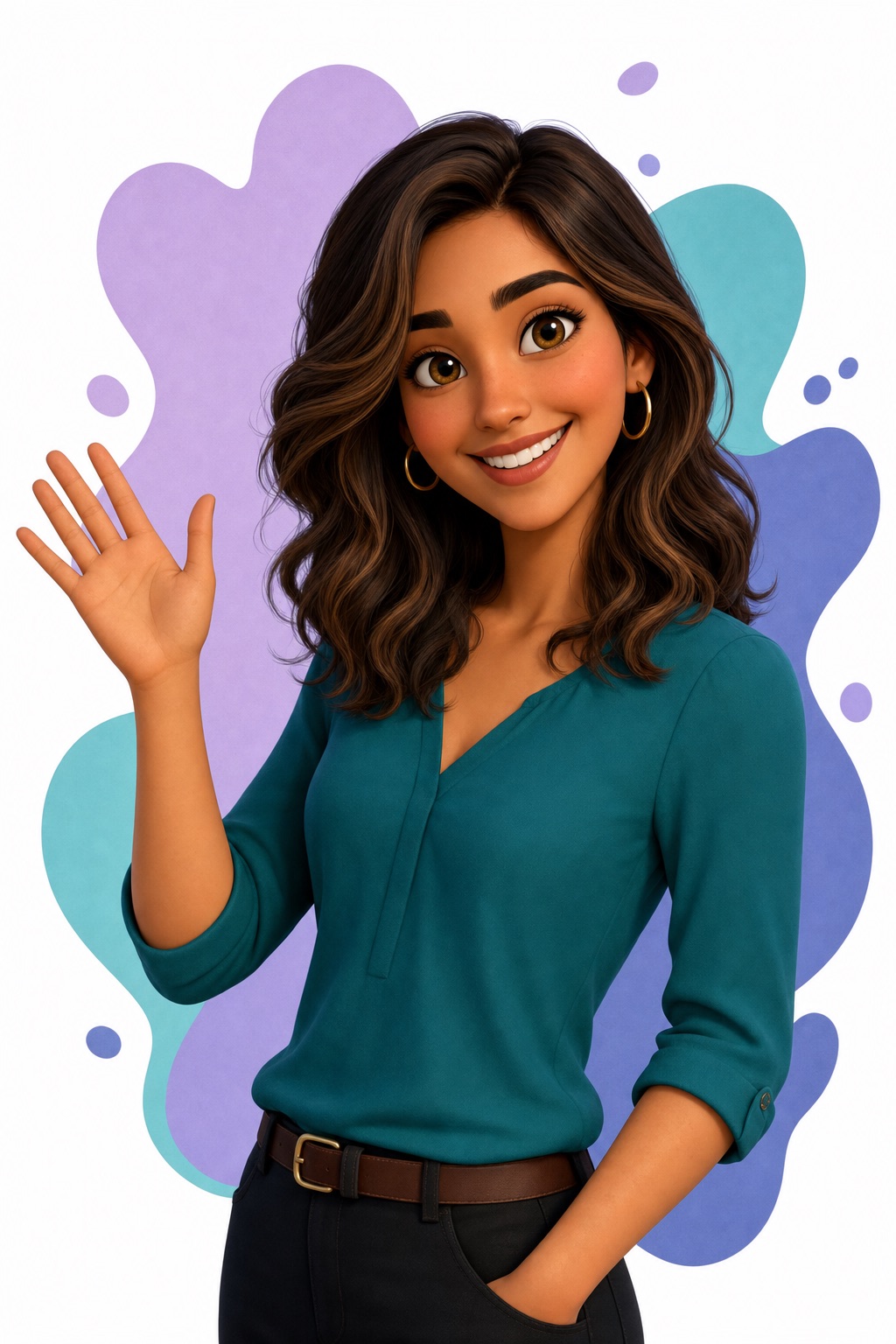 La tutora de 360EduSync: personaje 3D amigable de cabello castaño ondulado y blusa teal, saludando